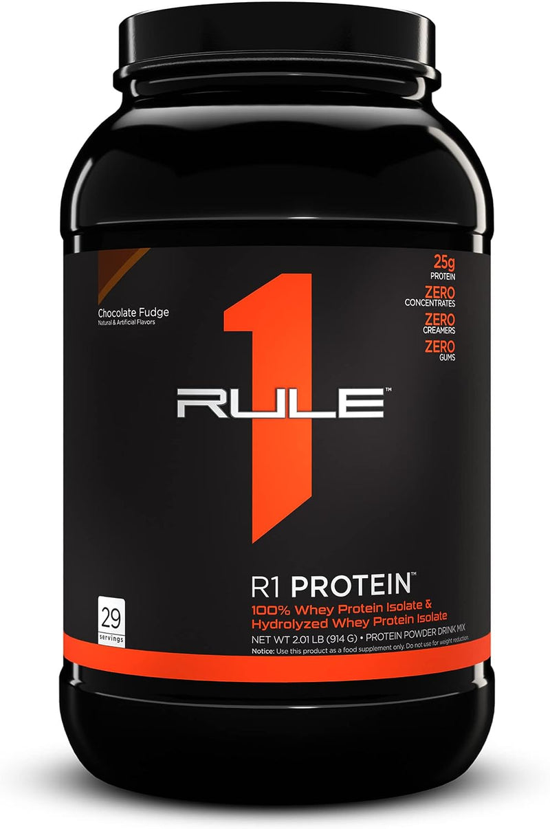 Rule 1 R1 Protein, Chocolate Fudge - 2.01 lbs Powder - 25g Whey Isolate & Hydrolysate + 6g BCAAs - 29 Servings