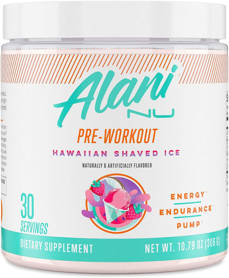 Alani Nu Pre Workout Supplement Powder for Energy, Endurance & Pump, Sugar Free, 200mg Caffeine, Formulated with Amino Acids Like L-Theanine to Prevent Crashing, Hawaiian Shaved Ice 30 Servings