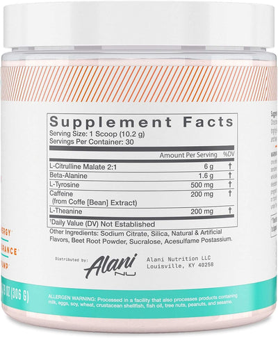 Alani Nu Pre Workout Supplement Powder for Energy, Endurance & Pump, Sugar Free, 200mg Caffeine, Formulated with Amino Acids Like L-Theanine to Prevent Crashing, Hawaiian Shaved Ice 30 Servings